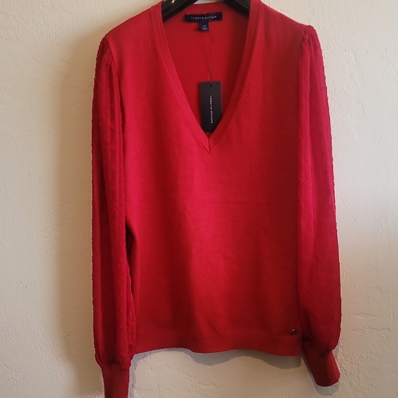 Tommy Hilfiger V-Neck Sweater With Sheer Sleeves, in Bold Red - Picture 1 of 6
